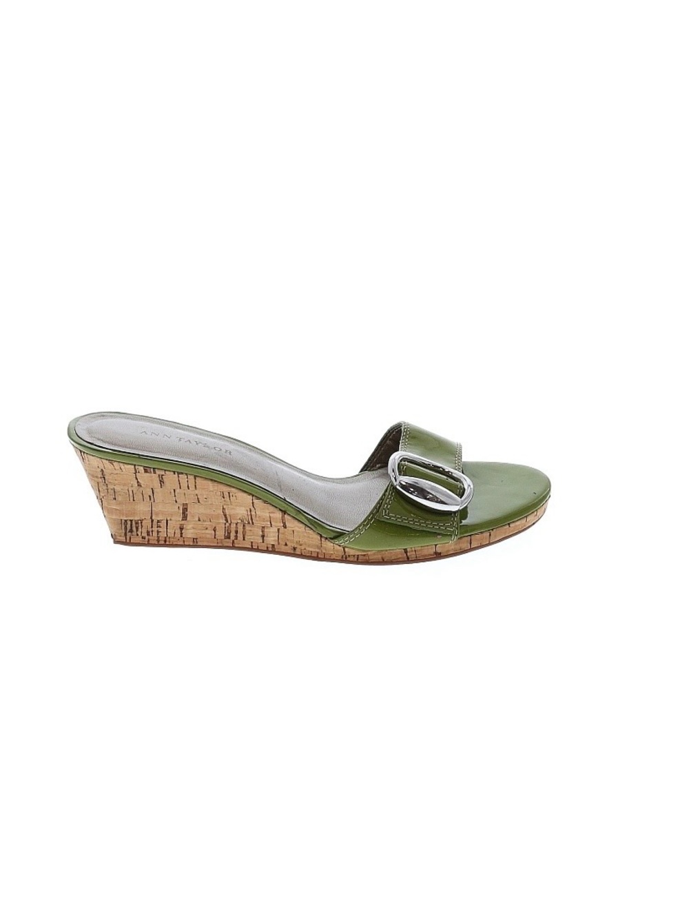 Ann Taylor Green Cork Wedge Slide Sandals with Buckle